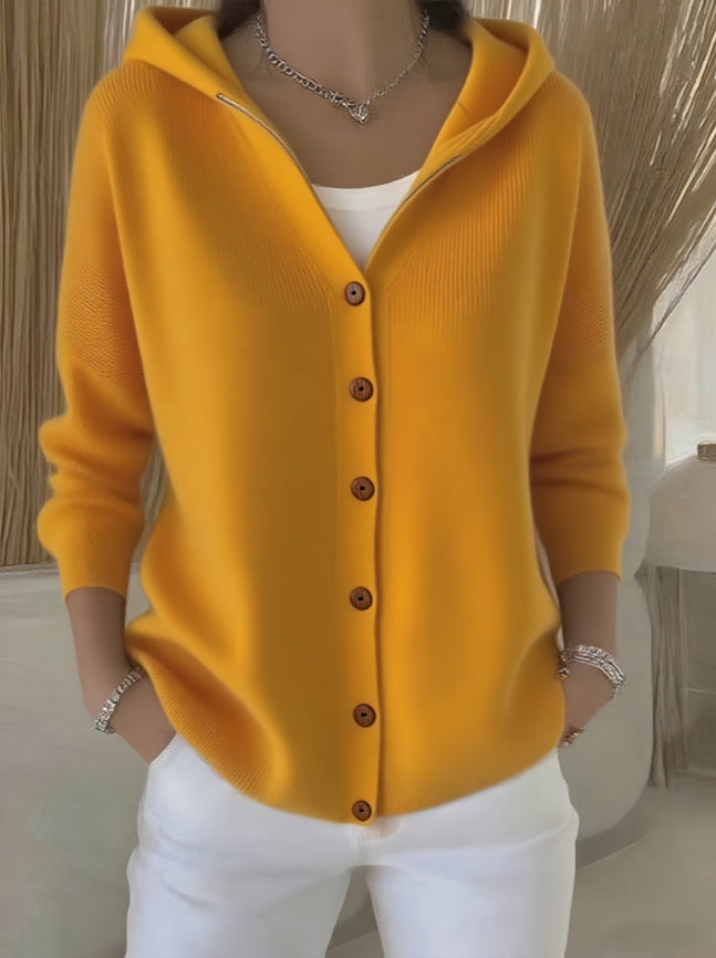 Ins Button Hooded Sweater Fashion Autumn And Winter Knitted Cardigan Casual Commuter Long Sleeve Top Women's Clothing - cas7m