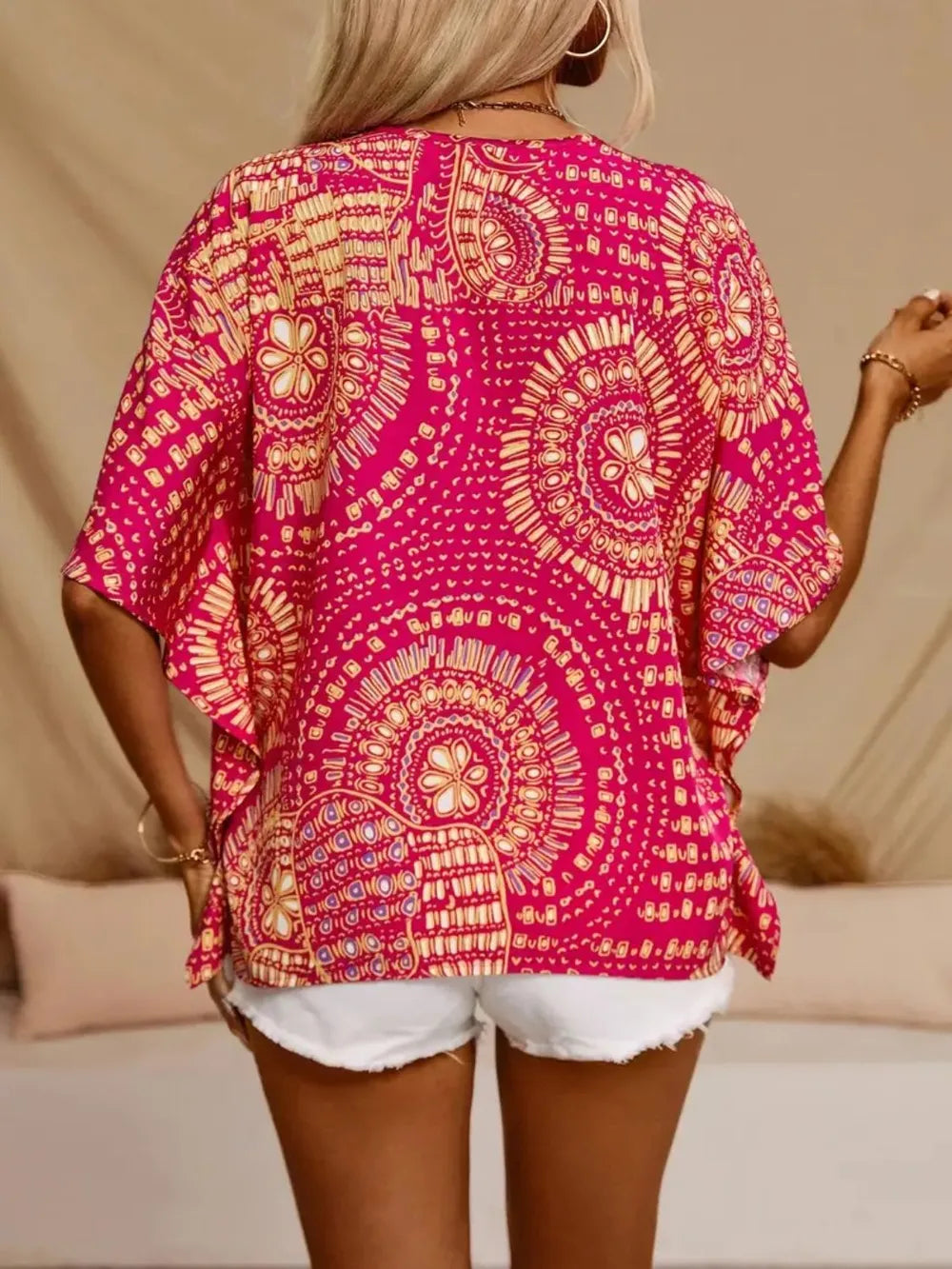 Printed V-Neck Half Sleeve Top - cas7m