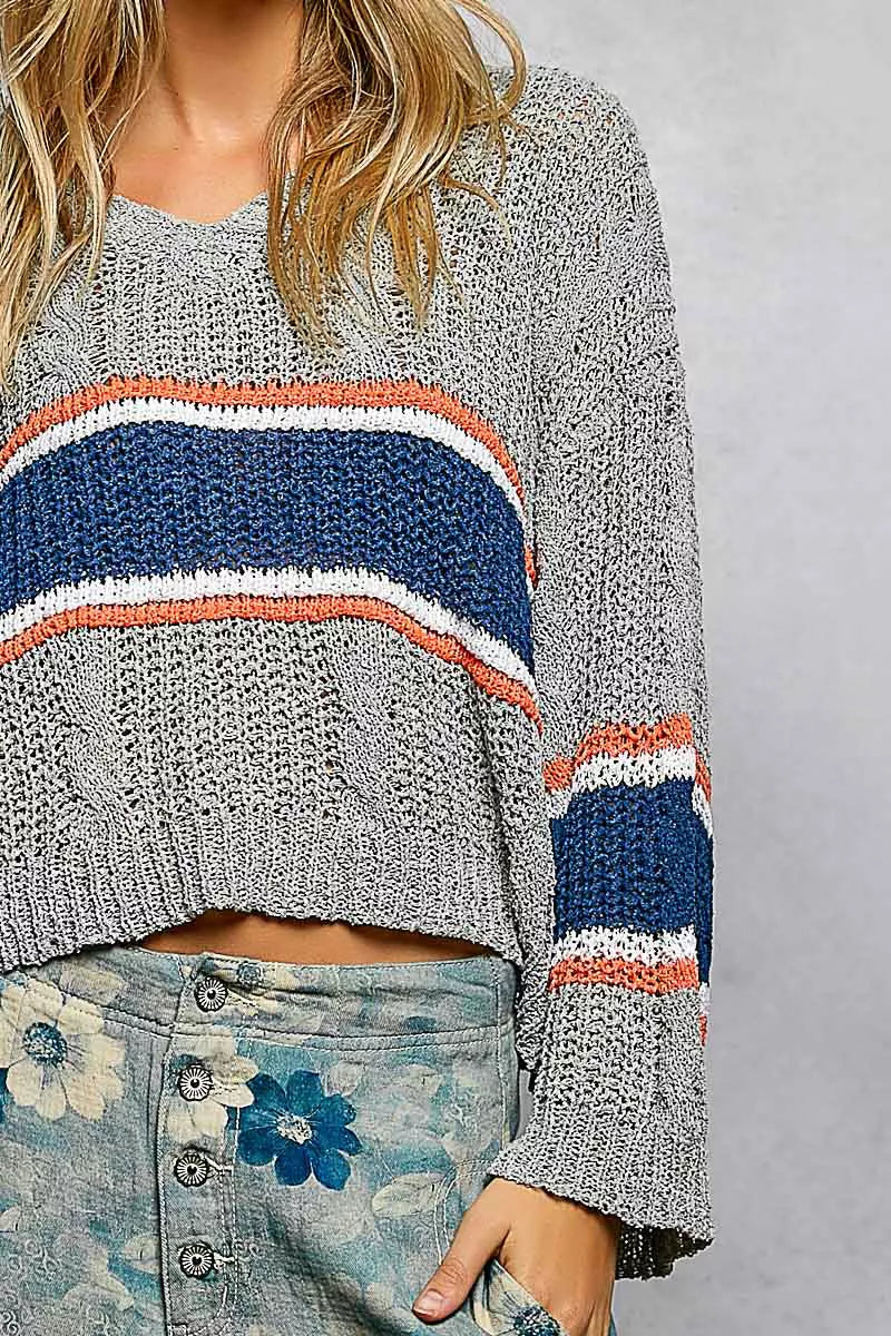 POL V-Neck Striped Pattern Cropped Knit Top with Cable Knit Detail - cas7m