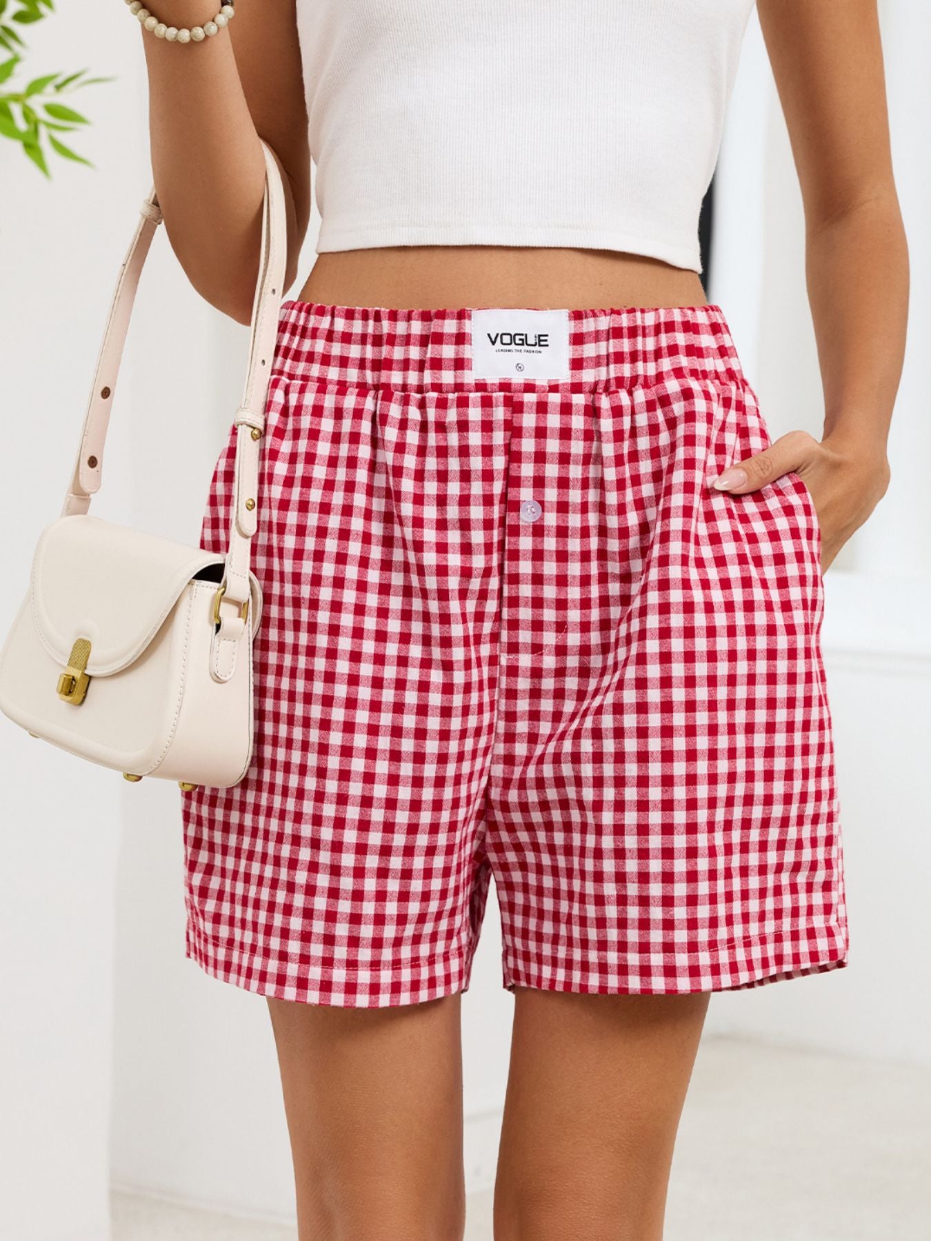 Gingham Elastic Waist Casual Shorts - cas7m
