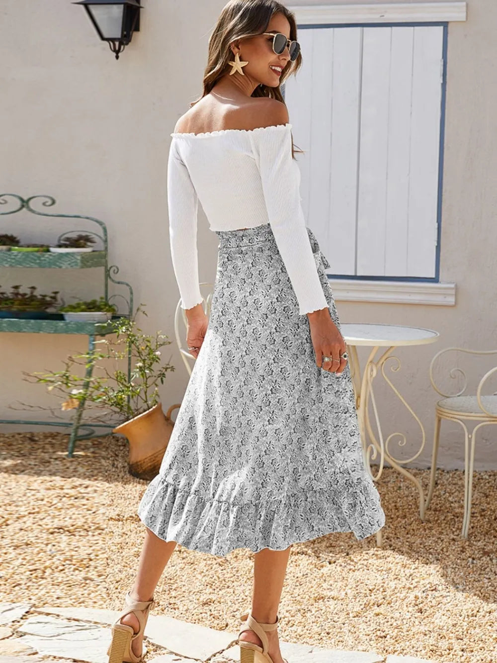 Printed Ruffled Midi Skirt - cas7m