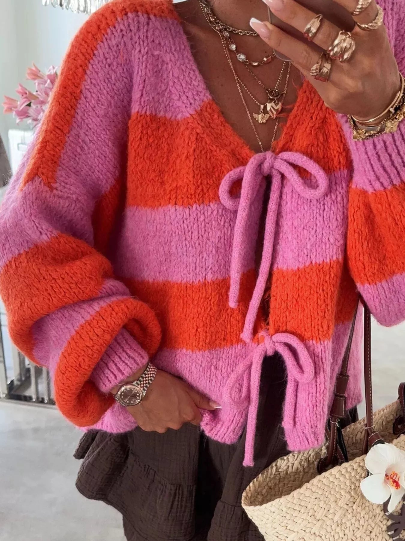 Striped Tie-Front Knit Cardigan - cas7m