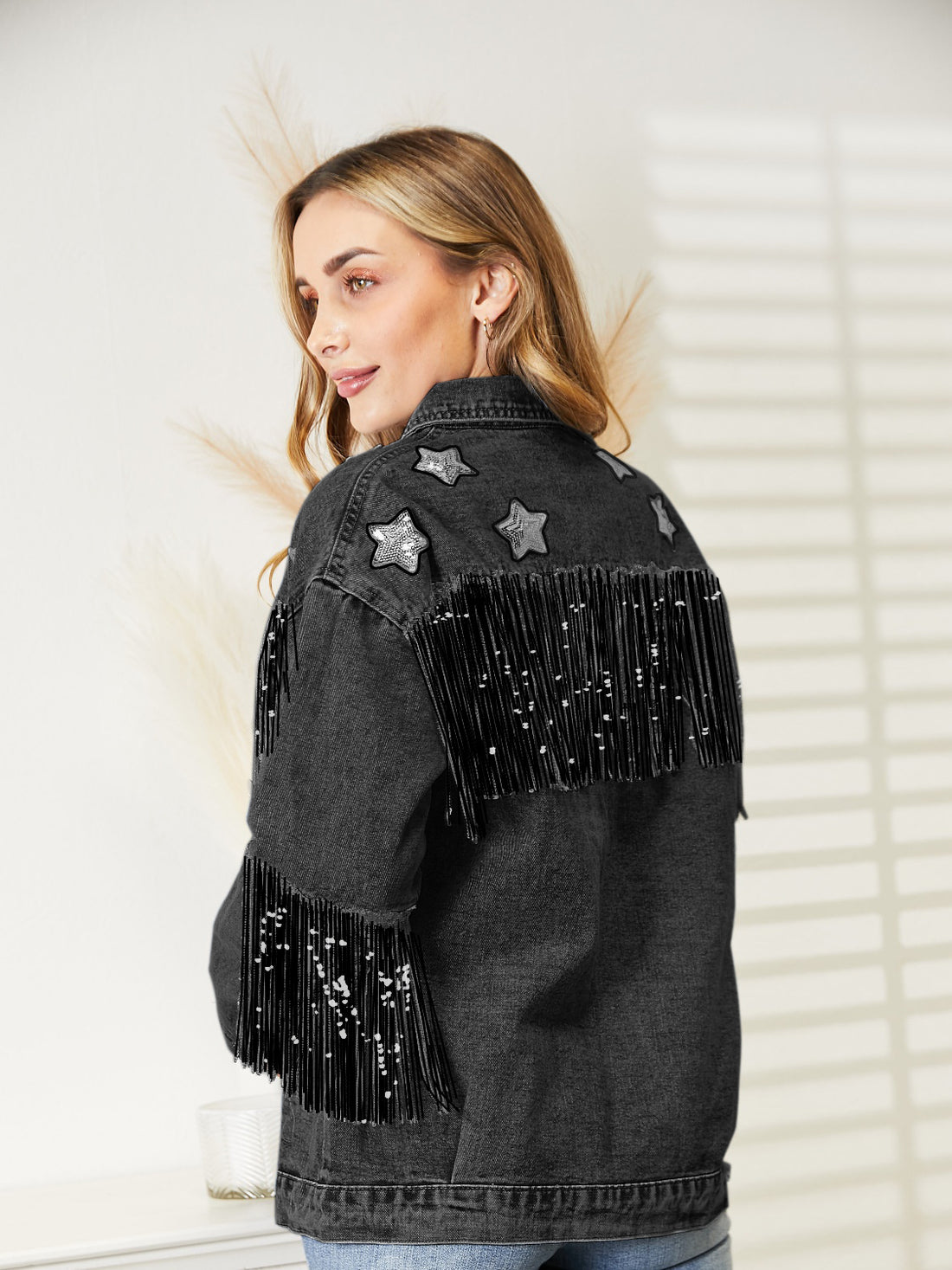 Fringe Detail Long Sleeve Denim Jacket - cas7m