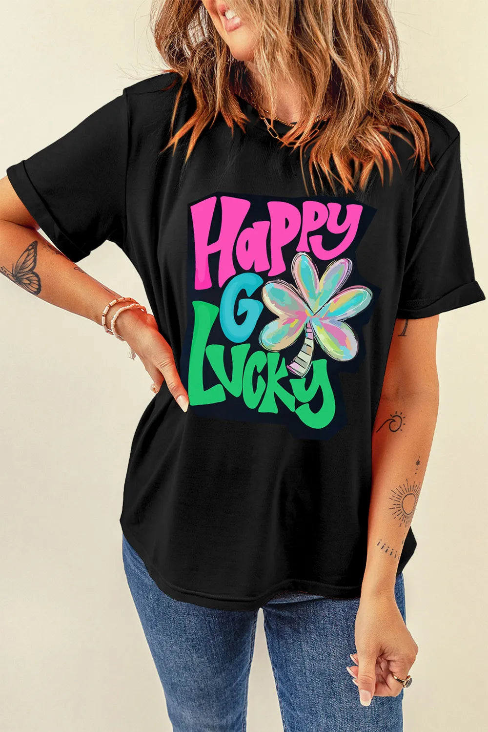 Letter Graphic Round Neck T-Shirt - cas7m