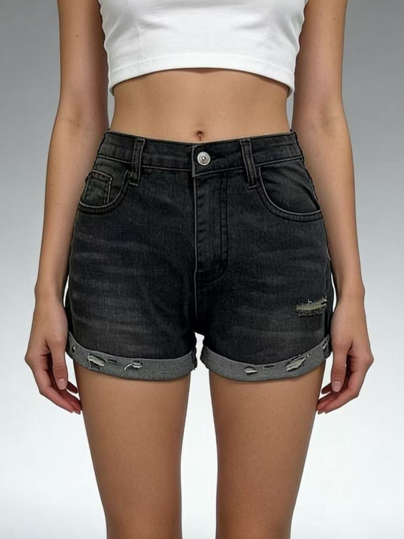 Distressed Denim Roll-Up Shorts - cas7m