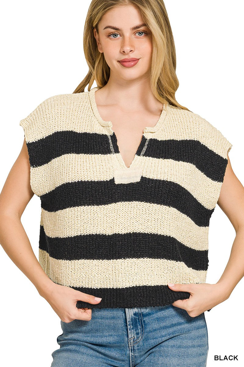 Zenana Split Neck Stripe Sleevless Sweater - cas7m