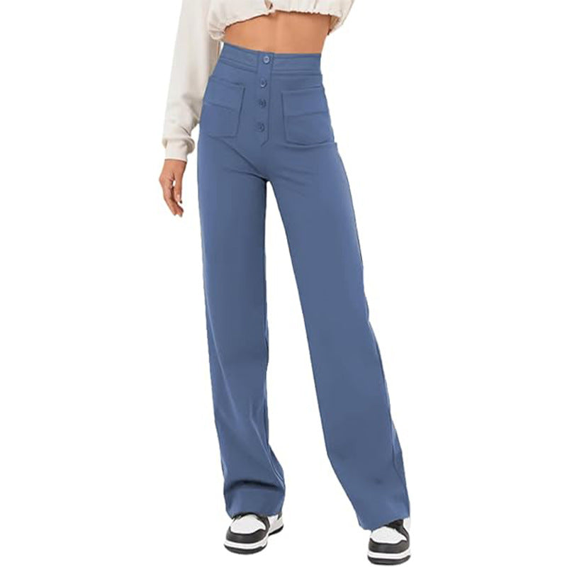 High Waist Trousers With Pockets Casual Loose Wide Leg Button Straight Pants Women's Clothing - cas7m