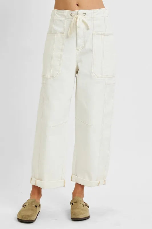 RISEN Full Size High Rise Crop Wide Barrel Cargo Pocket Jeans Plus Size - cas7m