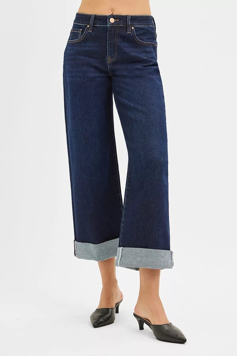 RISEN Mid Rise Fit Ankle Wide Roll Up Jeans - cas7m