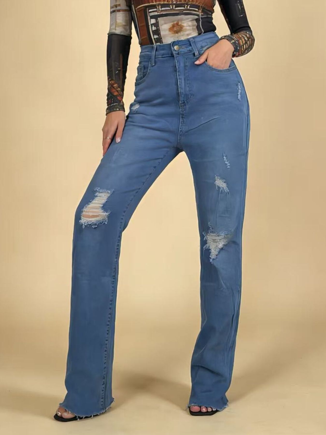 High-Waisted Distressed Jeans - cas7m