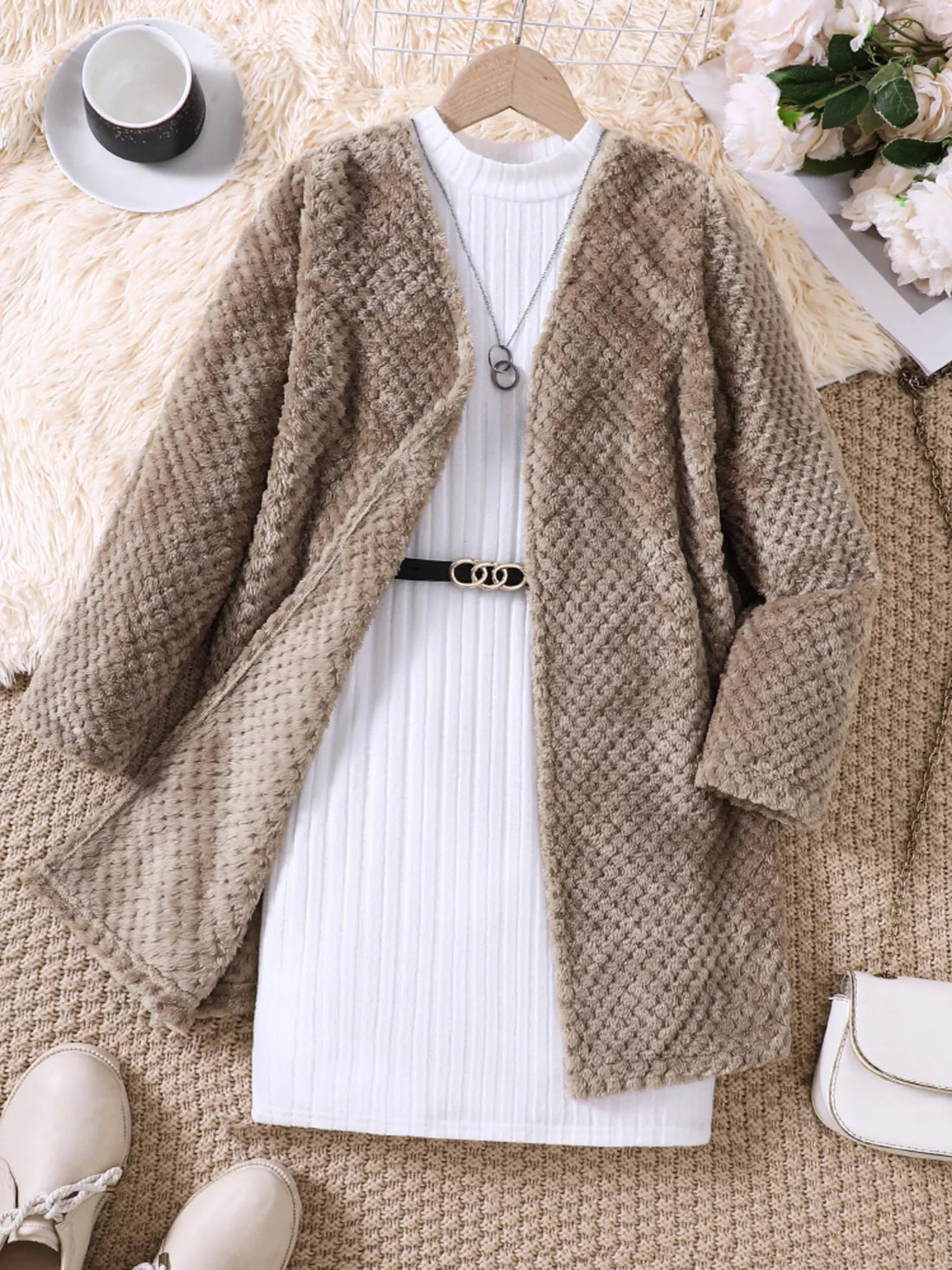 Children's Textured Sweater Dress and Open Front Cardigan Set - cas7m