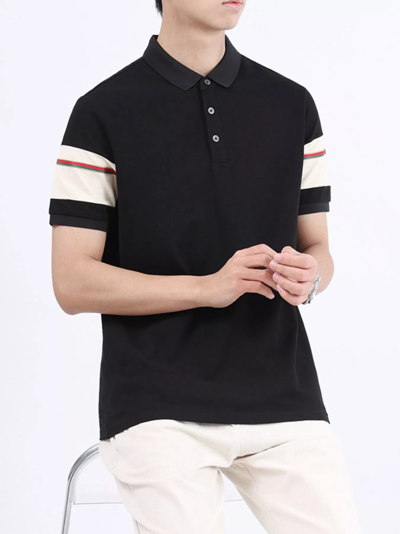 Men's Plus Size Striped Sleeve Casual Polo - cas7m