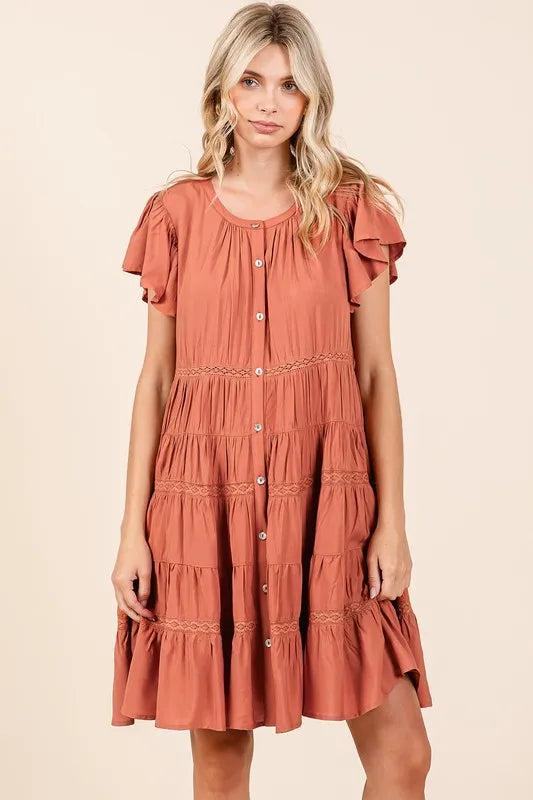 Mittoshop Lace Detail Ruffled Button Down Tiered Dress - cas7m