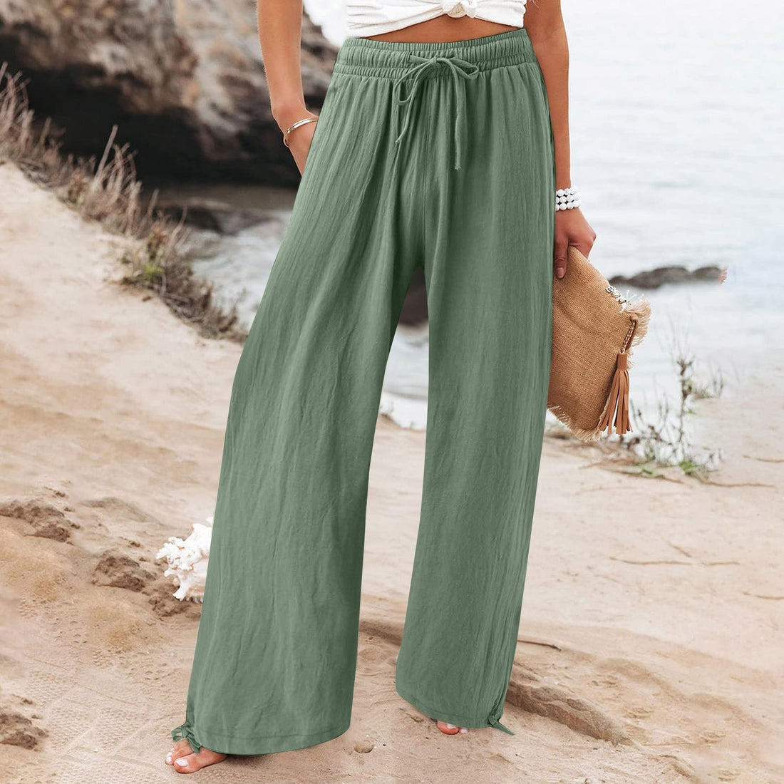 Women's Cotton And Linen Wide-leg Beach Pants Casual Pants - cas7m