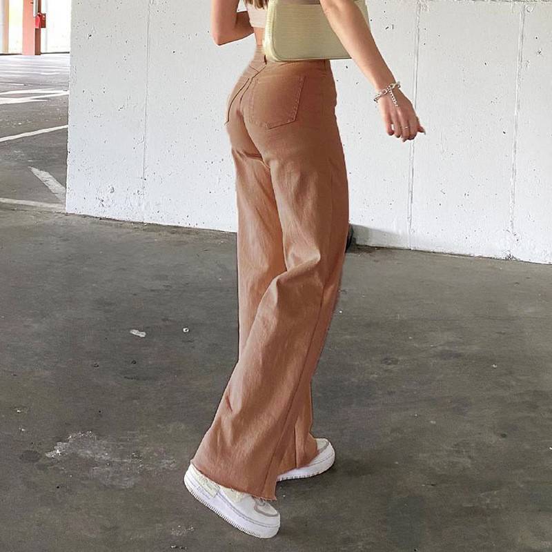 High Waist Wide Leg Denim Jeans with Slash Pockets