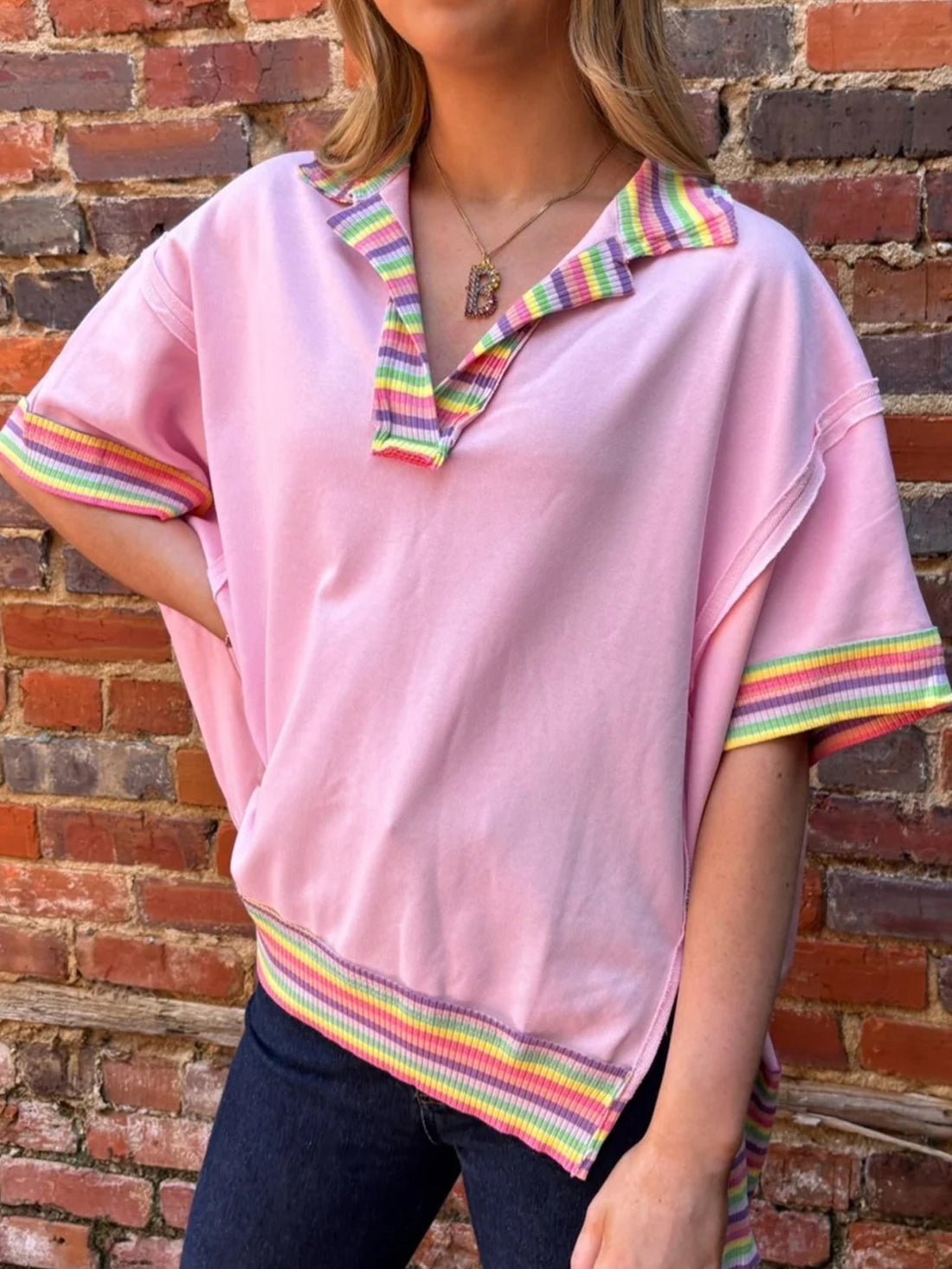 Rainbow Trim Side Slit Top - cas7m