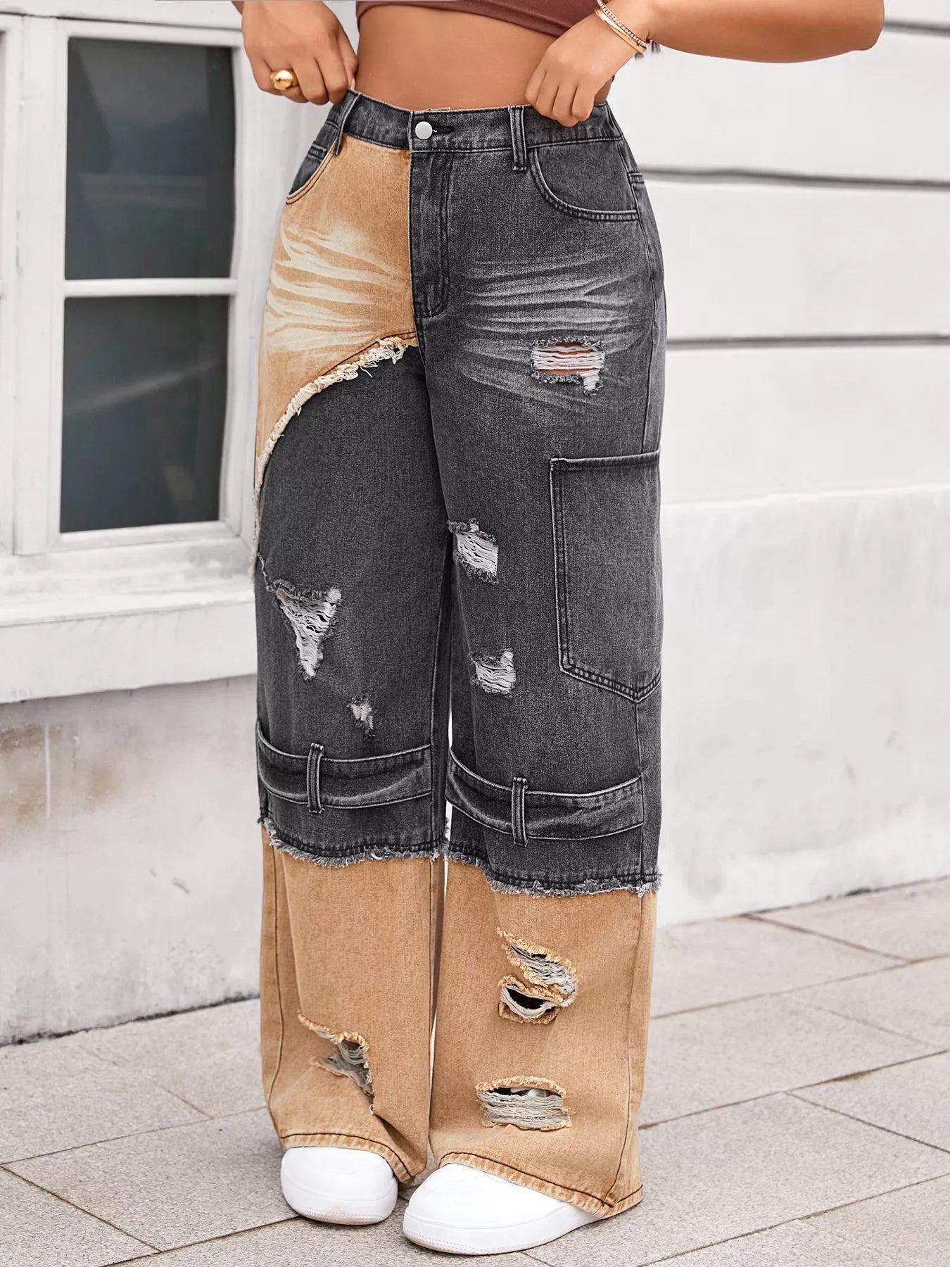 Two-Tone Ripped Wide Leg Jeans - cas7m
