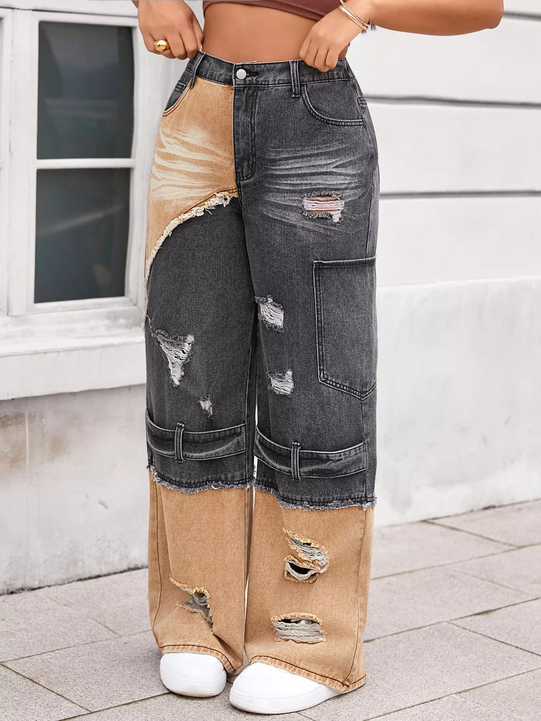 Two-Tone Ripped Wide Leg Jeans - cas7m