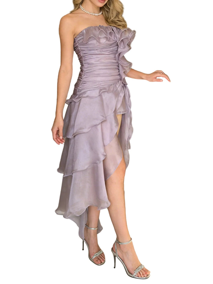 Ruffled High-Low Strapless Dress - cas7m