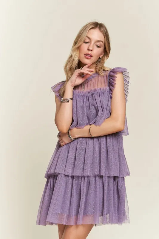 ADORA Layered Ruffled Cap Sleeve Mesh Dress - cas7m