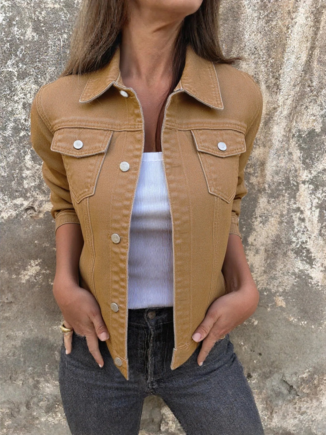 Button Front Closure Denim Jacket - cas7m