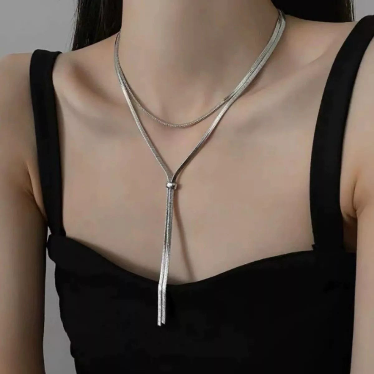Layered Snake Chain Y Necklace - cas7m