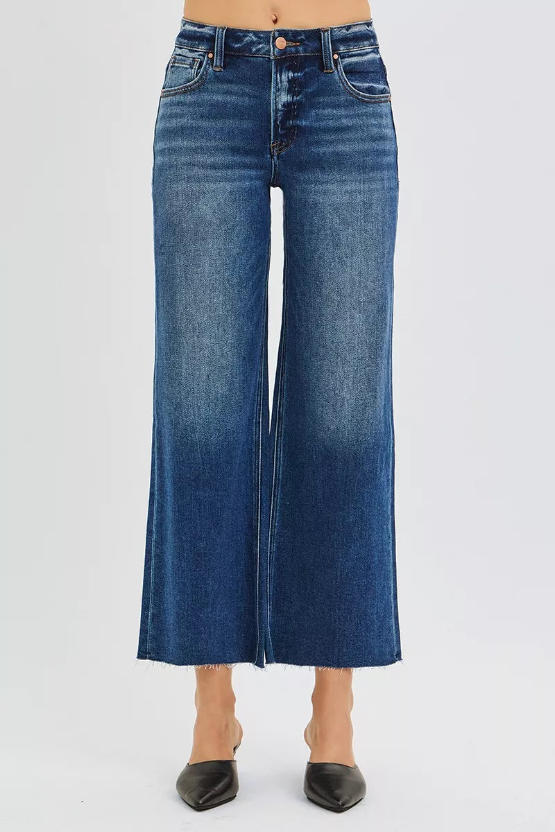 RISEN Full Size Mid Rise Crop Wide Raw Cut Hem Jeans Plus Size - cas7m
