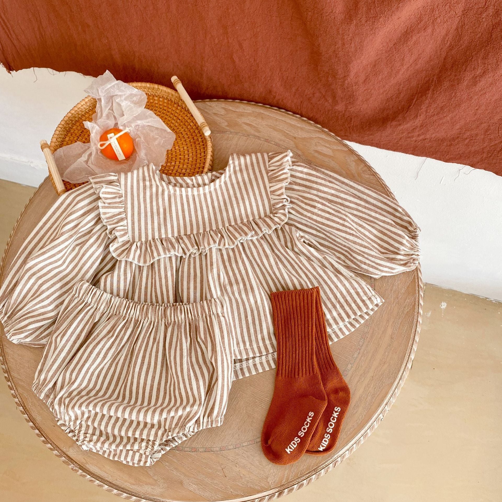 Cotton Baby Ruffle Collar Striped Long Sleeved Skirt Bread Pants Set - cas7m
