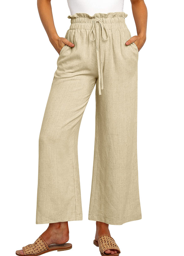 Elastic Waistband Lace-up Wide Leg Pants Solid Color Cropped Pants - cas7m