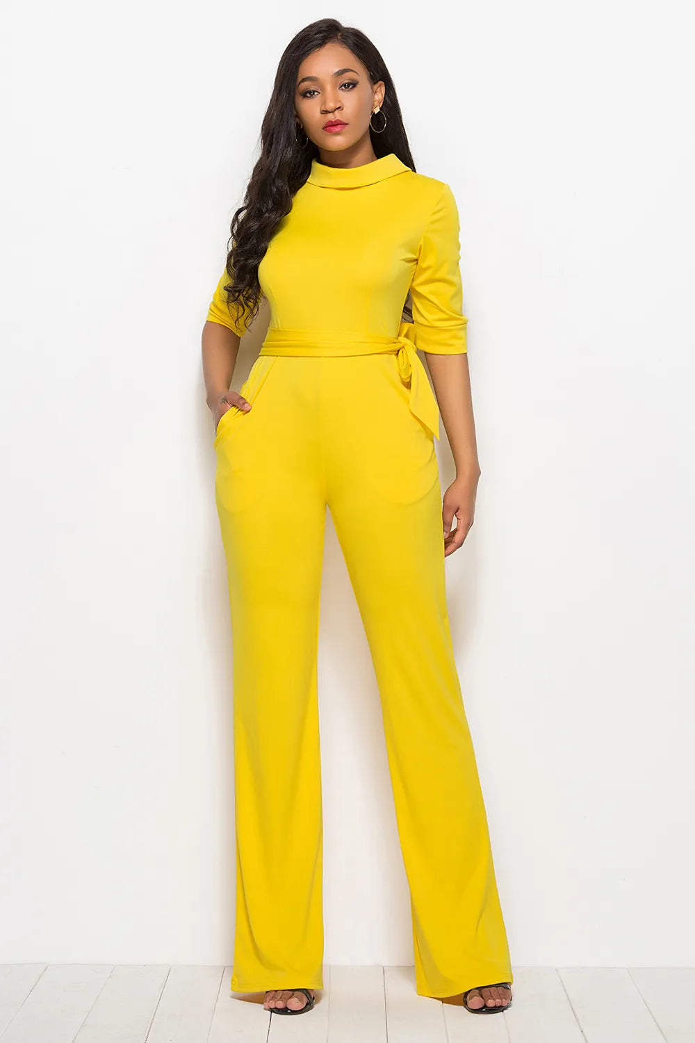 Mock Neck Tie-Waist Half Sleeve Jumpsuit - cas7m