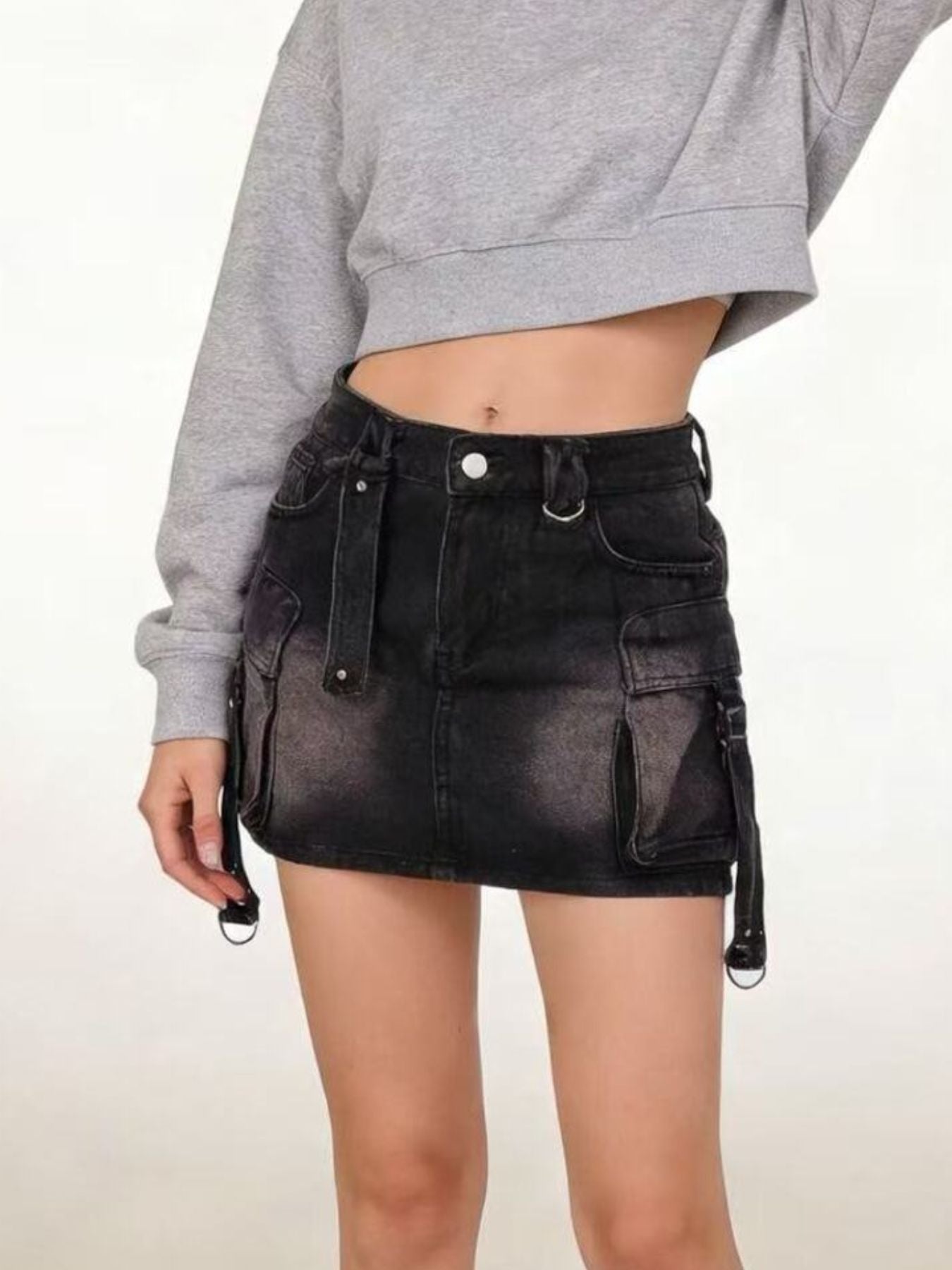 Washed Cargo Denim Skirt - cas7m