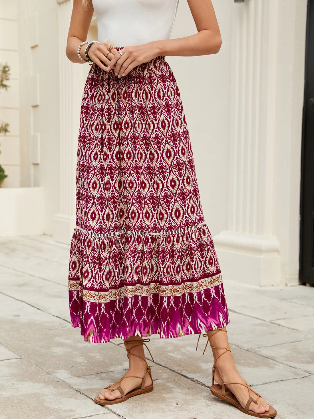 Bohemian Printed Ruched Maxi Skirt - cas7m