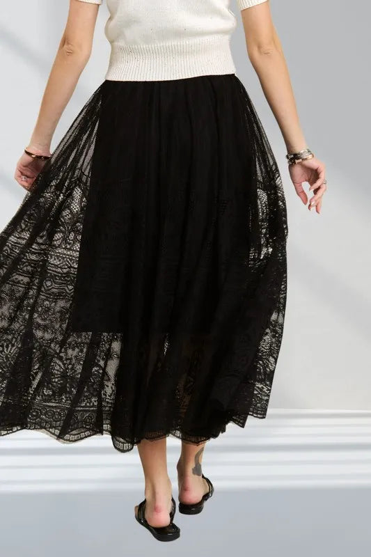 ADORA Elastic Waist Raw Hem Lace Maxi Skirt - cas7m