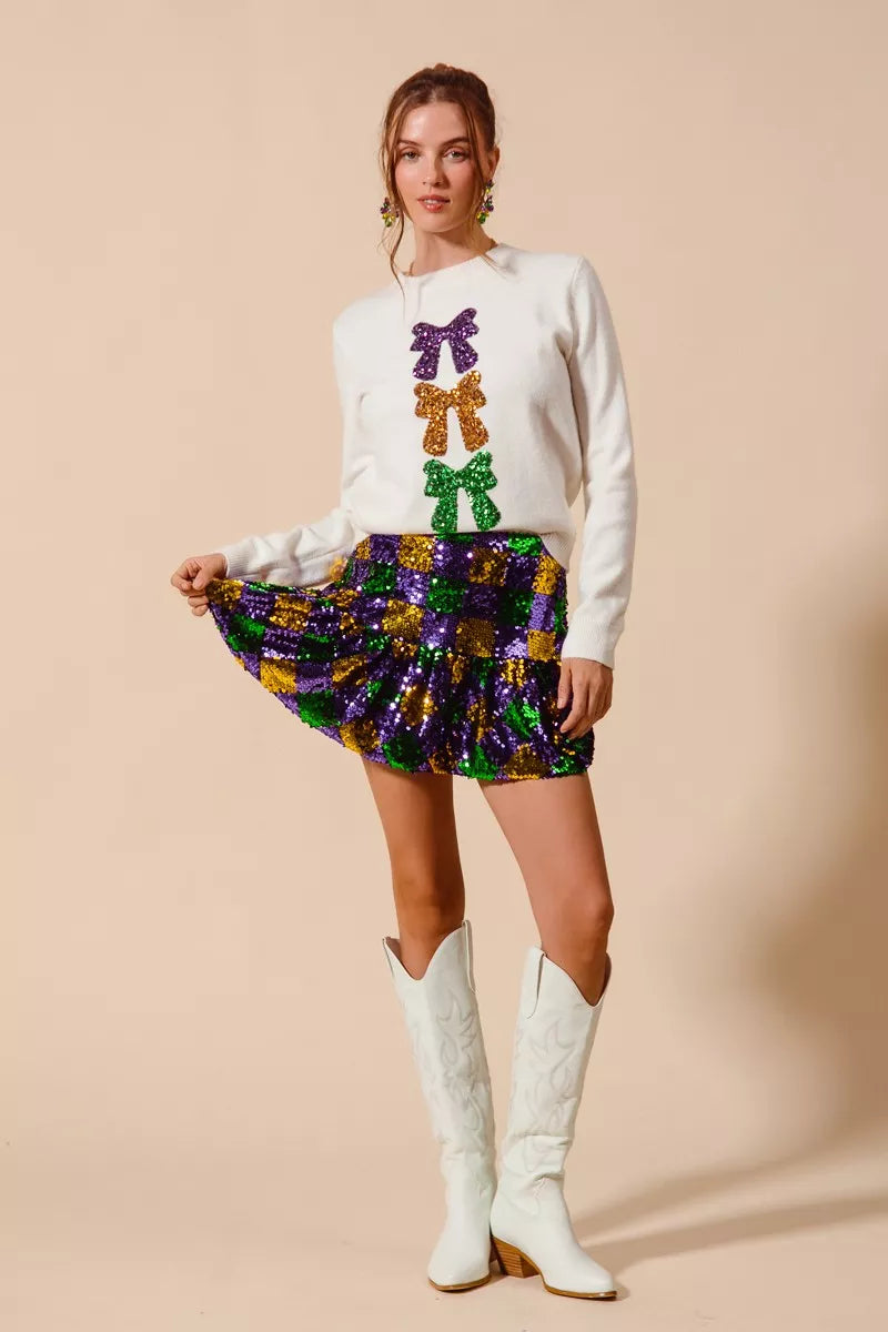 SO ME Mardi Gras Checker Sequins Mini Skirt - cas7m