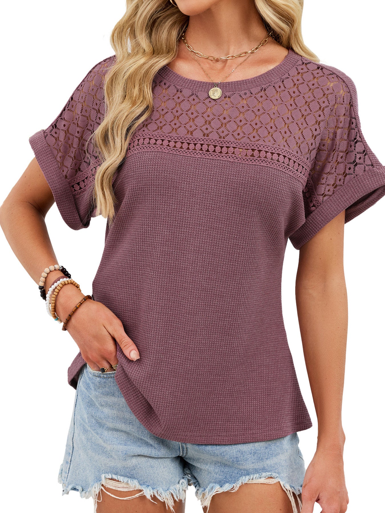 Lace-Trimmed Round Neck T-Shirt - cas7m