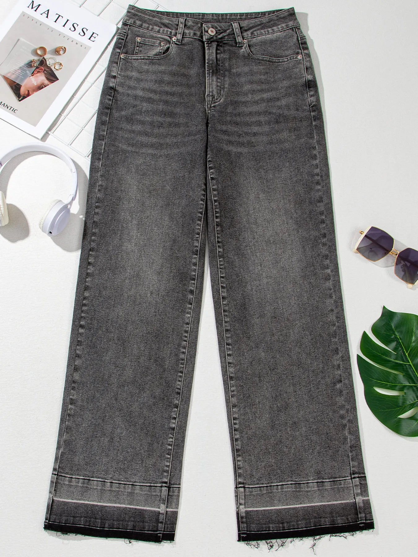 Raw Hem Unique Cuffs Straight High Rise Loose Jeans - cas7m