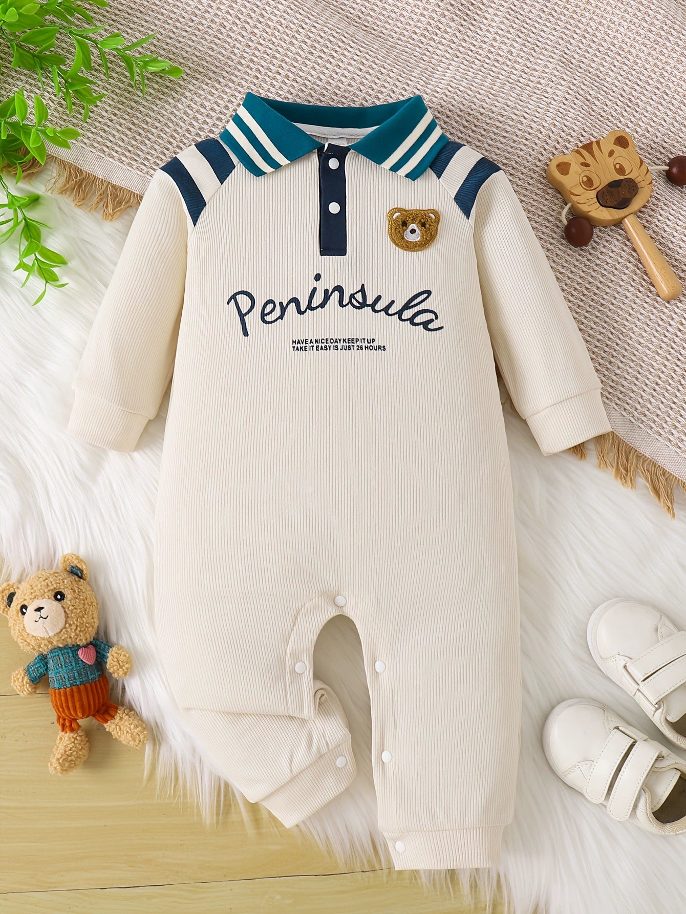 Children's Striped Collar Long Sleeve One-Piece - cas7m