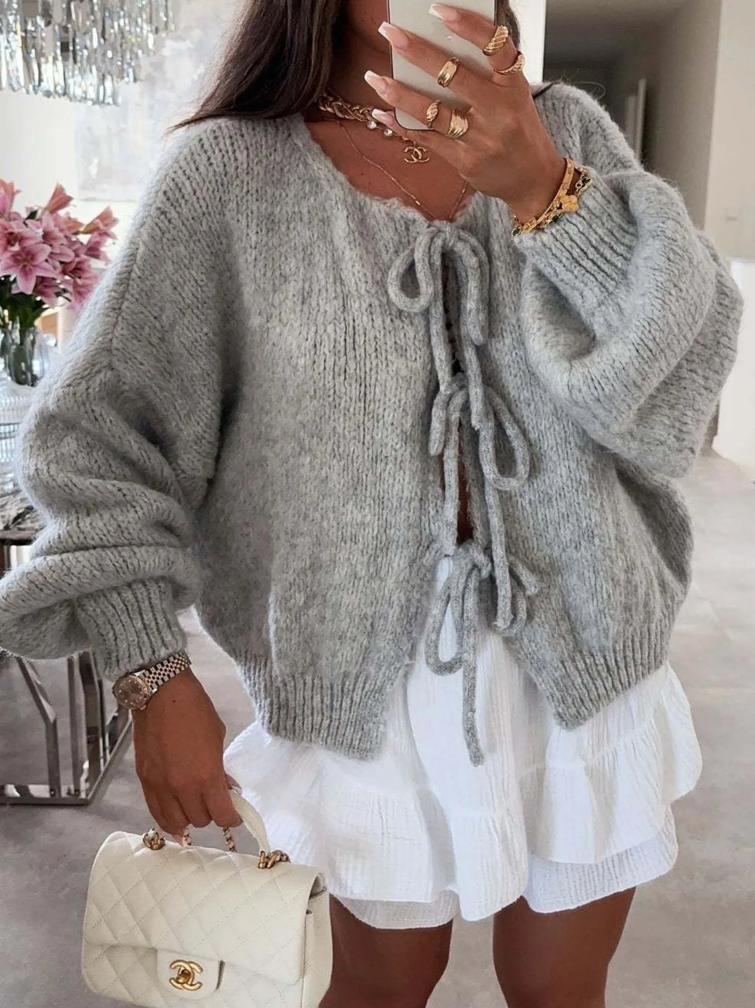 Cozy Bow-Tie Front Knit Cardigan - cas7m