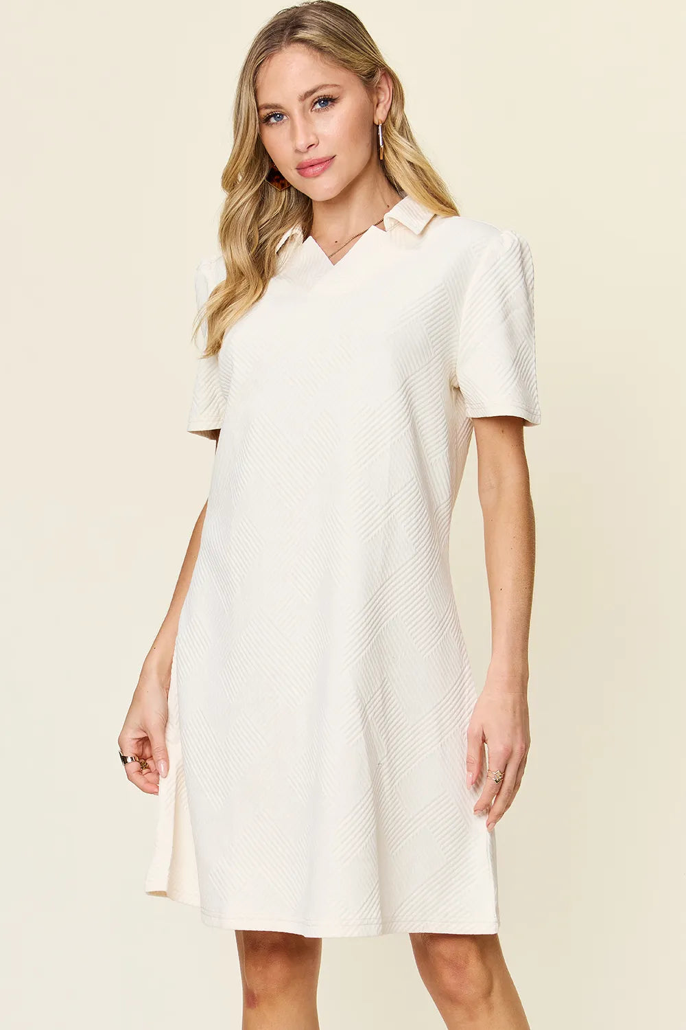 Double Take Full Size Texture Collared Neck Short Sleeve Dress - cas7m