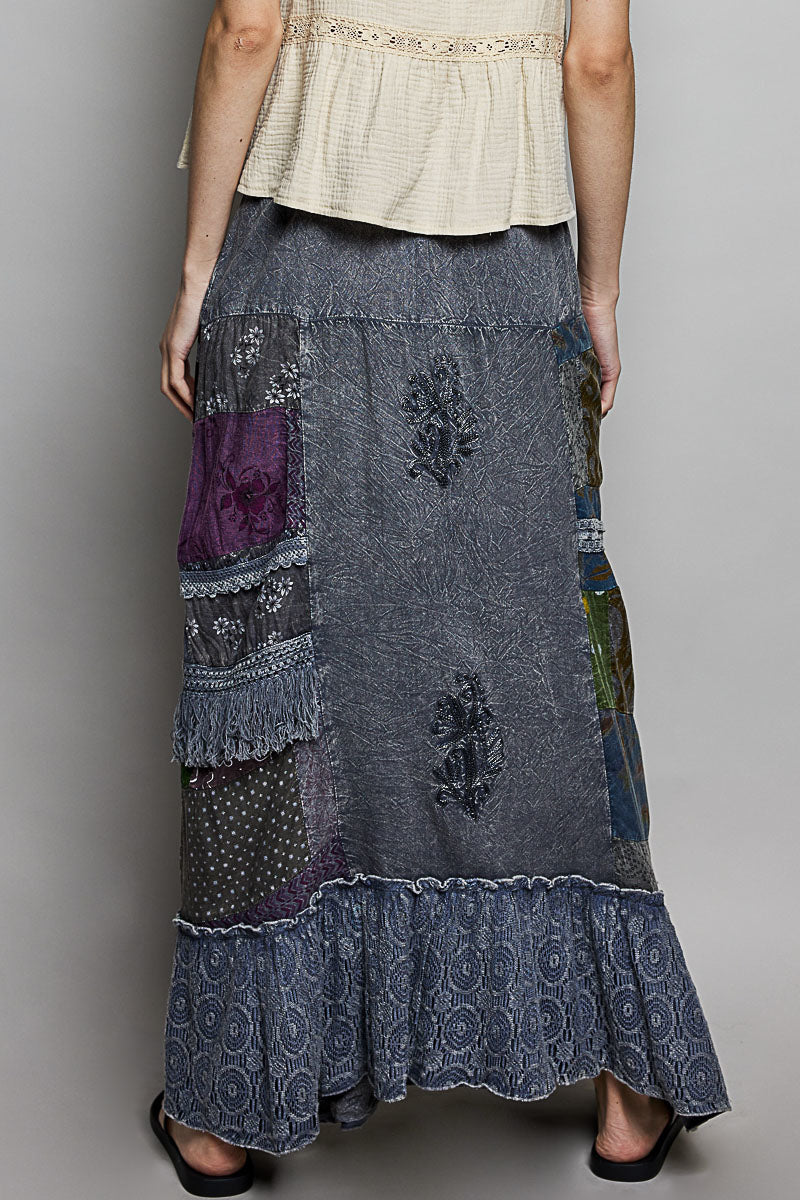 POL Printed Patchwork Embroidered Ruffled Skirt - cas7m