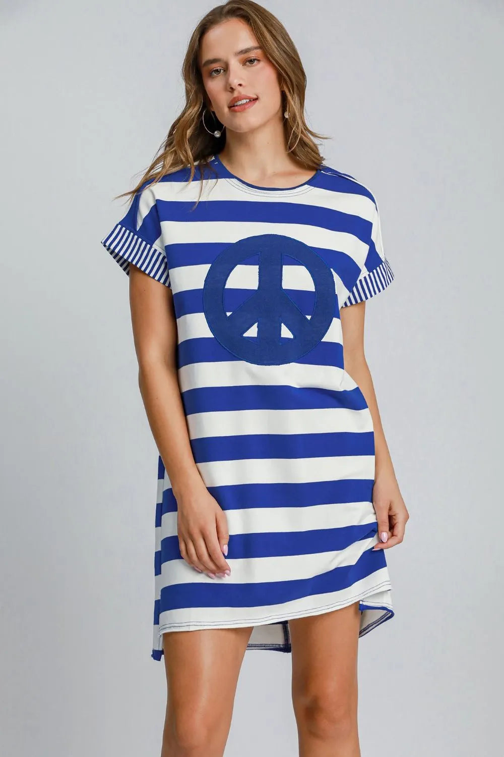 Umgee Peace Applique Striped Short Sleeve Mini Dress - cas7m