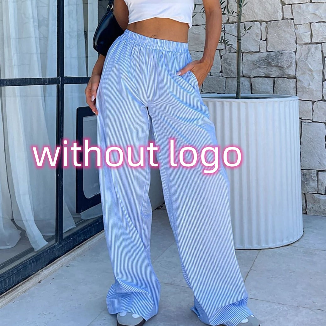 Fashion Y2K Striped Straight Trousers Summer Elastic High Waist Wide Leg Pants For Women - cas7m