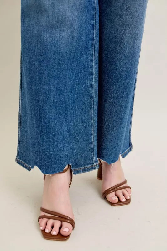 Judy Blue Full Size High Waist Tummy Control Chew Hem Destroy Wide Jeans Plus Size - cas7m