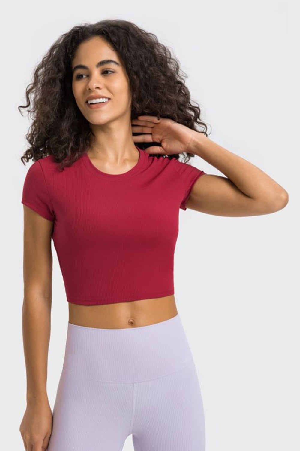 Soft Flex Cropped Yoga Top - Stretchy Solid Short Sleeve - cas7m
