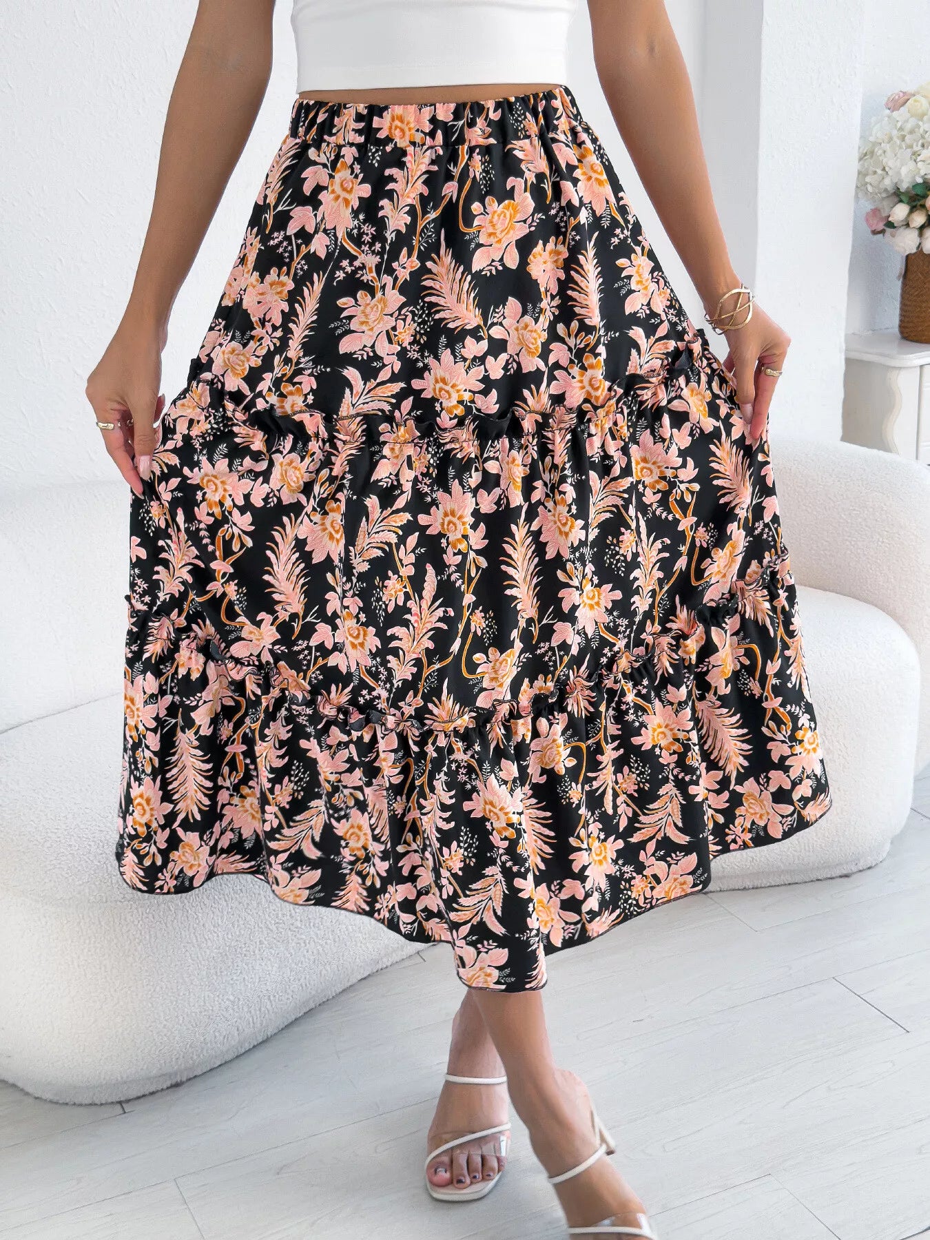 Floral Print Ruffle Hem Flowy Midi Skirt - cas7m