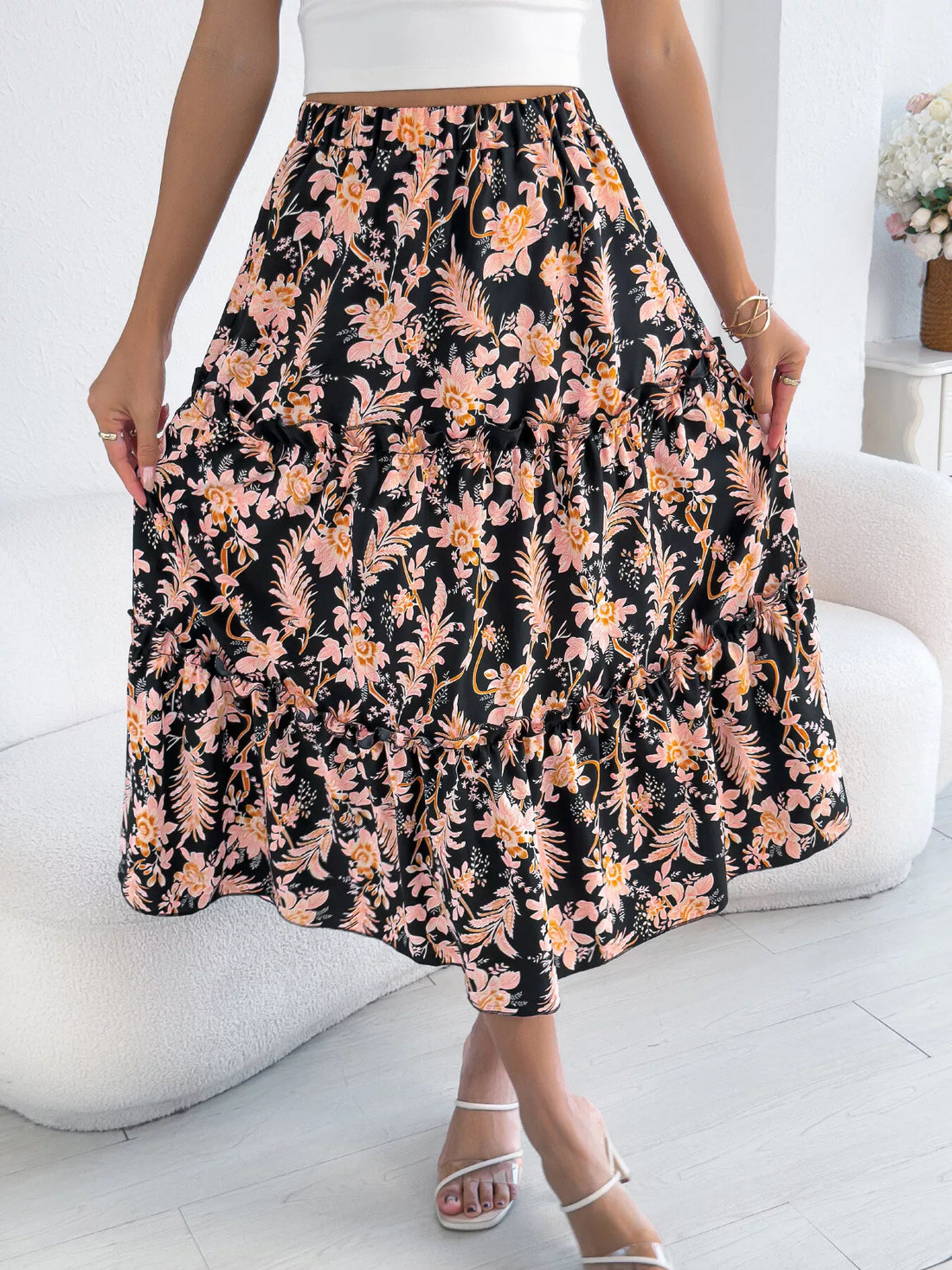 Floral Print Ruffle Hem Flowy Midi Skirt - cas7m