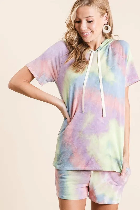 BiBi Tie Dye French Terry Casual Shorts with Twill Tape - cas7m