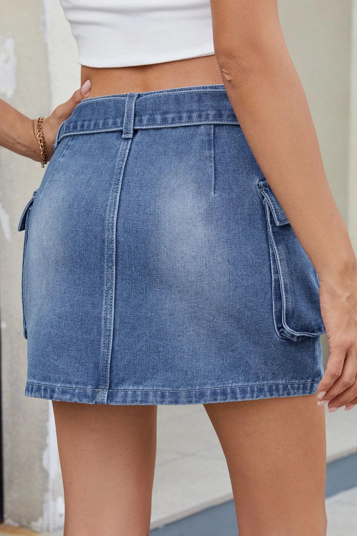 Criss-Cross Waist Detail Denim Mini Skirt - cas7m