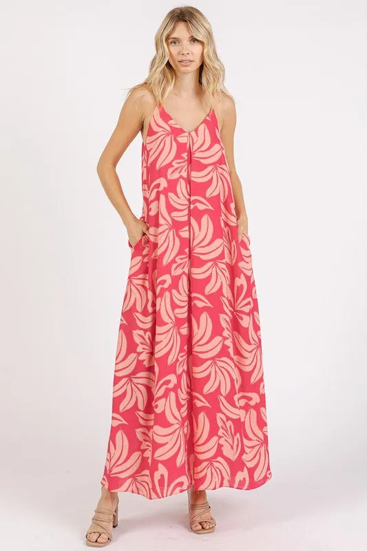 Mittoshop Printed V-Neck Maxi Cami Dress with Pockets - cas7m