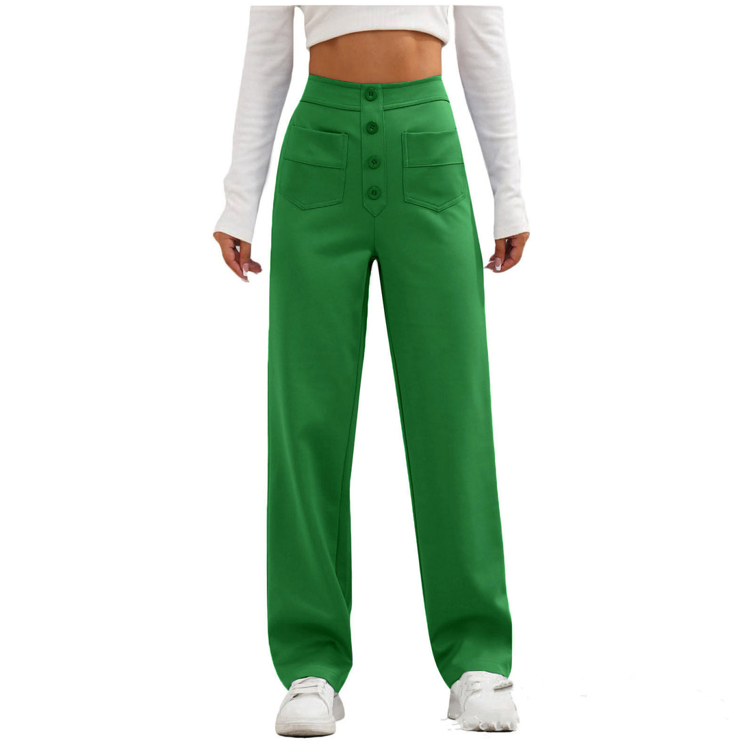 High Waist Trousers With Pockets Casual Loose Wide Leg Button Straight Pants Women's Clothing - cas7m